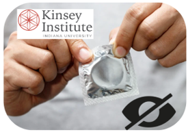 Close-up of hands opening a wrapped condom. Kinsey Institute Indiana University logo.